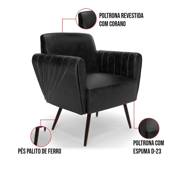 Imagem de Kit 2 Poltronas Pés Palito de Ferro Bruna Corano Preto - D'Rossi