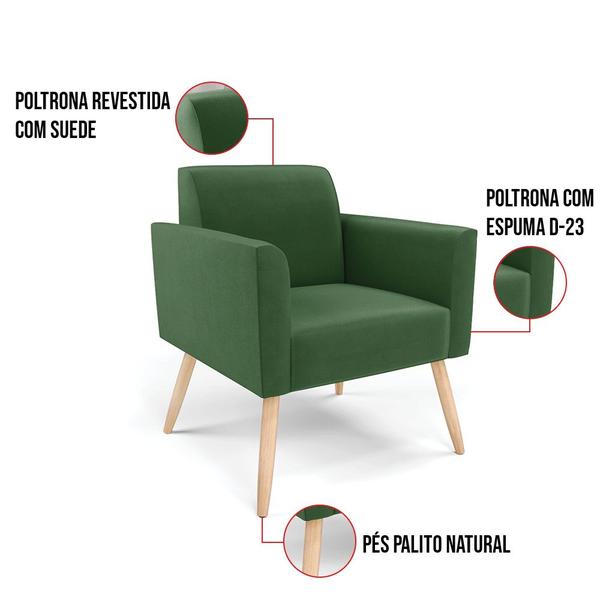 Imagem de Kit 2 Poltronas Pés Palito Natural Marisa Suede Verde D03 - D'Rossi