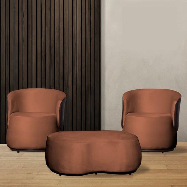 Imagem de Kit 2 Poltronas + Puff Decorativo Beatriz Orgânico Composê Couro Marrom Veludo Terracota Mz Decor