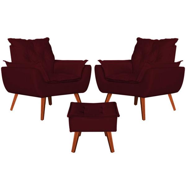 Imagem de Kit 2 Poltronas + Puff Decorativo Opala Suede Bordo- Navega Móveis