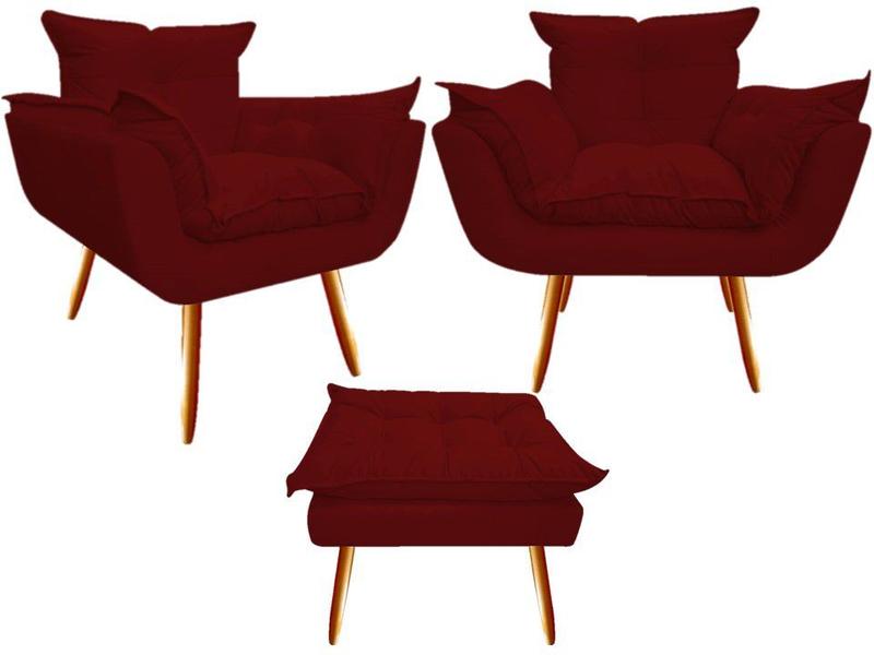 Imagem de Kit 2 Poltronas + Puff Decorativo Opala Suede Marsala Pés Madeira Ms Decor