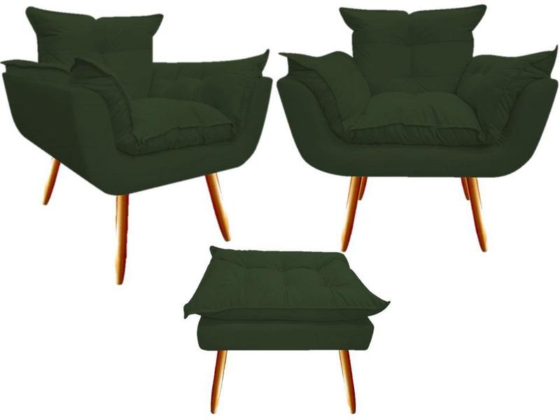 Imagem de Kit 2 Poltronas + Puff Decorativo Opala Suede Verde Pés Madeira Ms Decor