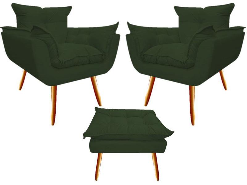 Imagem de Kit 2 Poltronas + Puff Decorativo Opala Suede Verde Pés Madeira Mz Decor