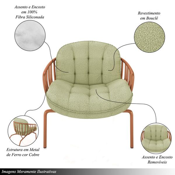 Imagem de Kit 2 Poltronas Sala de Estar Base em Ferro Crokett Bouclê Cobre/Verde G33 - Gran Belo