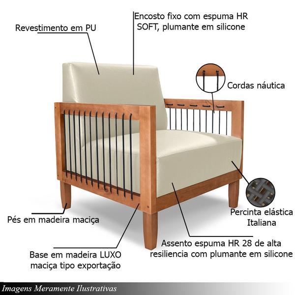 Imagem de Kit 2 Poltronas Sala de Estar Pés Madeira Maciça Corda Náutica Preta 75cm Manila PU Bege G63 - Gran Belo