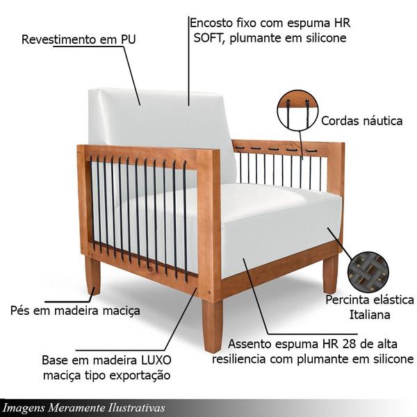 Imagem de Kit 2 Poltronas Sala de Estar Pés Madeira Maciça Corda Náutica Preta 75cm Manila PU Branco G63 - Gran Belo