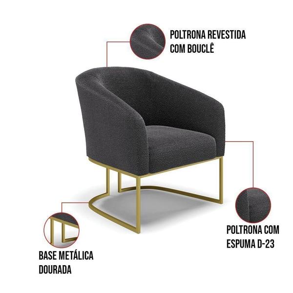 Imagem de Kit 2 Poltronas Stella Bouclê Grafite Base Metálica Industrial Dourado - D'rossi