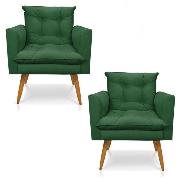 Imagem de Kit 2 Poltronas Tais Suede Verde Pés Palito Castanho - D'rossi