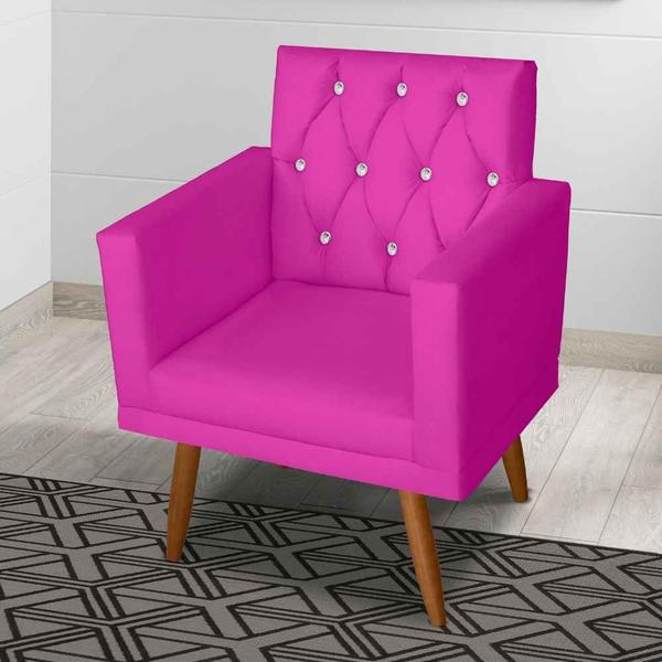 Imagem de Kit 2 Poltronas Thais Capitonê Strass Com Rodapé e 1 Puff Redondo Suede Pink - Móveis Mafer