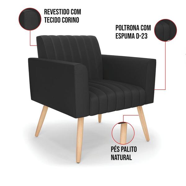 Imagem de Kit 2 Poltronas Viena Gomada material sintético Preto Pés Palito Natural - D'Rossi