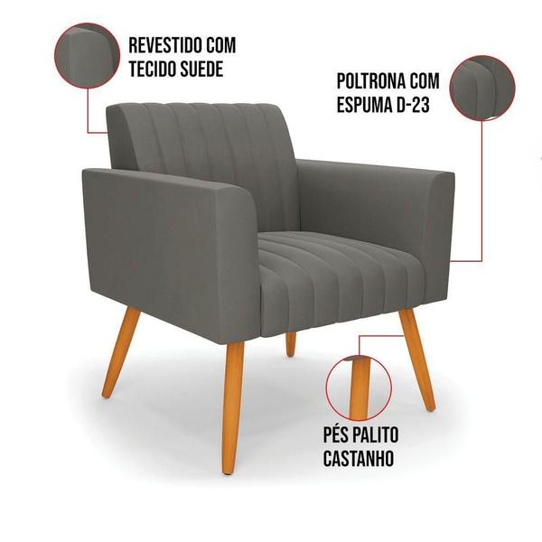 Imagem de Kit 2 Poltronas Viena Gomada Suede Grafite Pés Palito Castanho - D'rossi