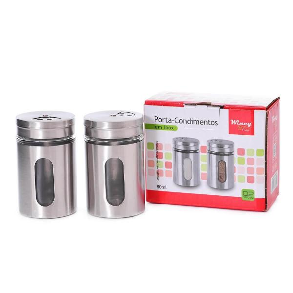 Imagem de Kit 2 Porta Temperos Condimentos Aço Inox Com Visor De Vidro