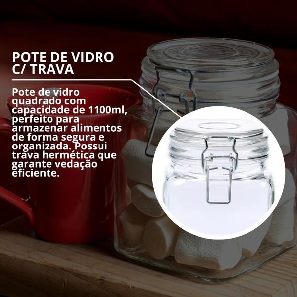 Imagem de Kit 2 Pote De Vidro Vedação Hermético Quadrado C/ Travas Presilhas 1100ml Design Elegante