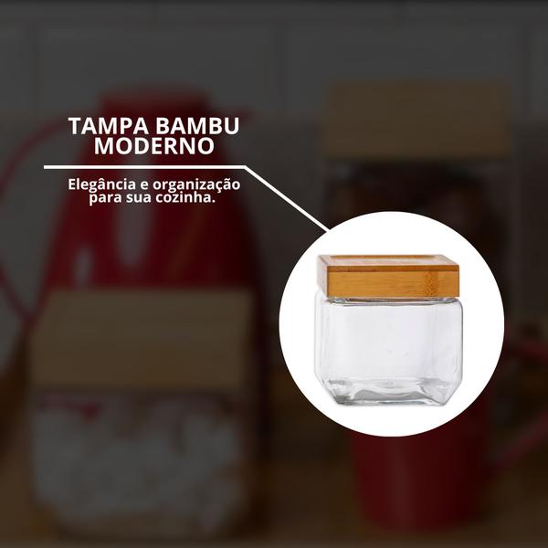 Imagem de Kit 2 Pote Hermético Quadrado Tampa Bambu Design Sofisticado Mantimentos Multiuso 880ml