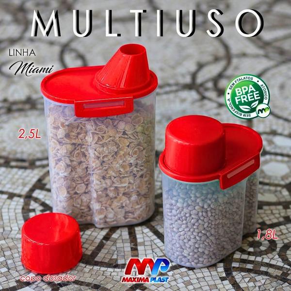 Imagem de Kit 2 Pote Porta Farinha 2,5L + 1,8L Farinheira c/ Bico Dosador Dispenser Para Cereais 2500ml 1800ml Porta Sabão em Pó