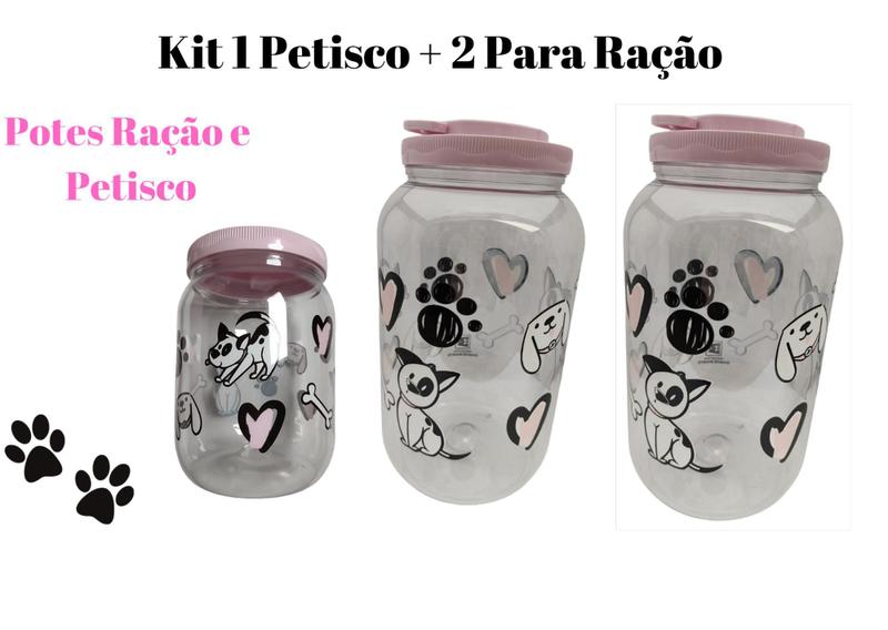 Imagem de KIT 2 Pote Porta Ração 3.6ml na cor Rosa + 1 Porta Petisco 1.7ml na cor Rosa, Tampa com Rosca e Alça