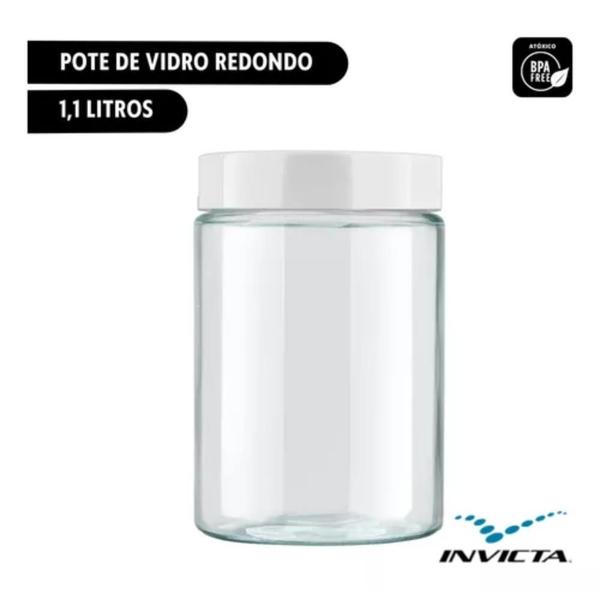 Imagem de Kit 2 Potes 1,1 Litros Recipientes Vidro Liso Invicta Branco