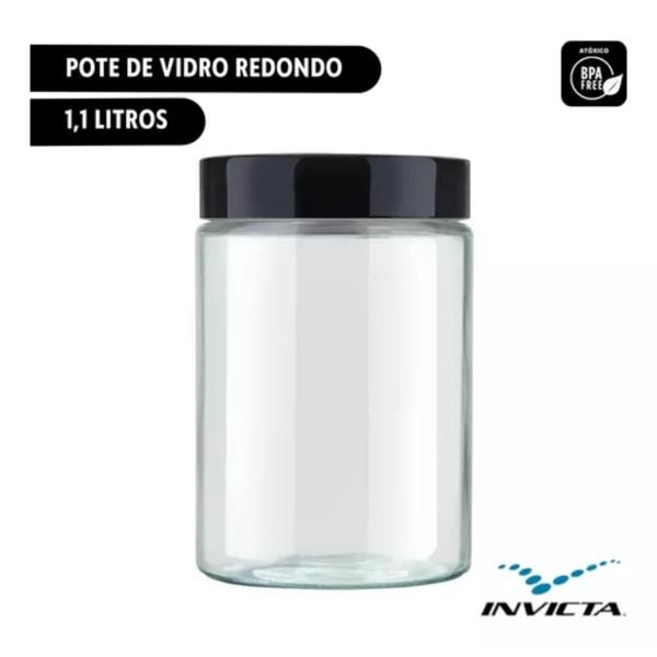 Imagem de Kit 2 Potes 1,1 Litros Recipientes Vidro Liso Invicta Preto