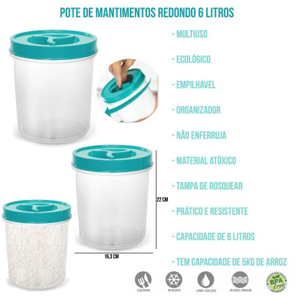 Imagem de Kit 2 Potes de Mantimentos Redondo C/ Tampa Rosca Transp. 6L