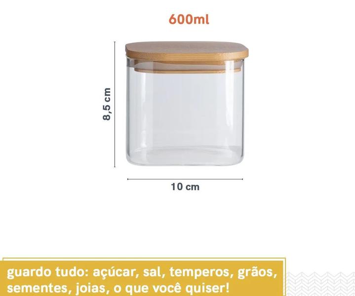 Imagem de Kit 2 Potes de Vidro Quadrado 600ml c/Tampa Flat Bambu Oikos