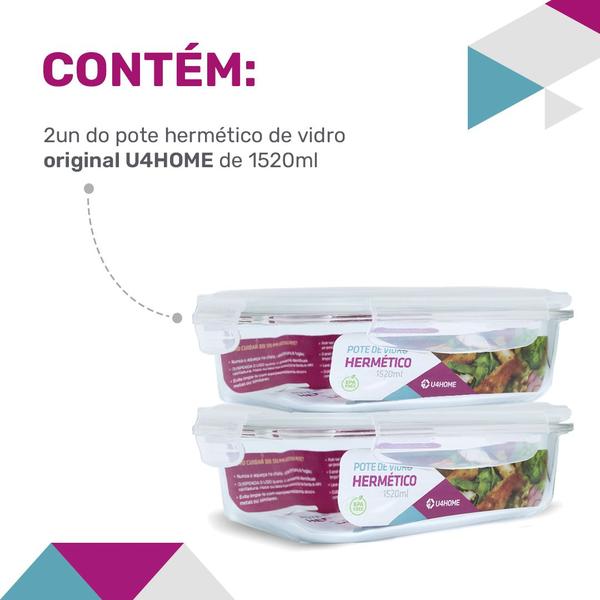 Imagem de KIT 2 Potes de Vidro Retangular com Tampa Hermética 1520ml