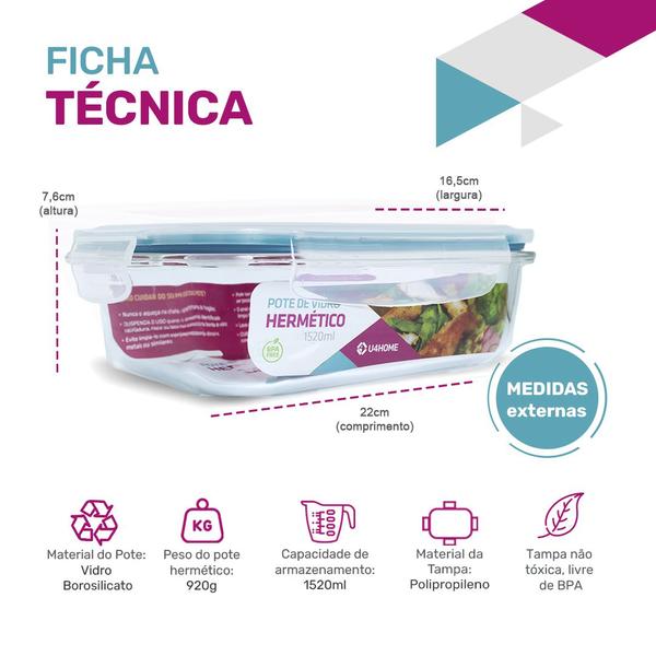 Imagem de KIT 2 Potes de Vidro Retangular com Tampa Hermética 1520ml