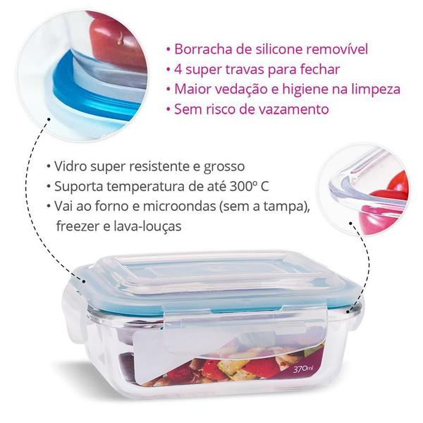 Imagem de Kit 2 Potes De Vidro Retangular Com Tampa Hermética 370Ml