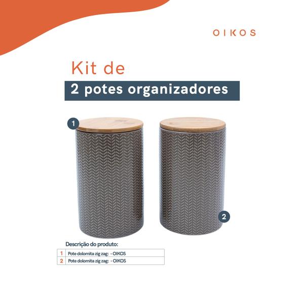 Imagem de Kit 2 potes dolomita com tampa de bambu zig zag 1,5l - Oikos