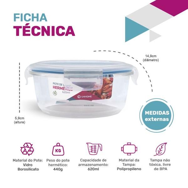 Imagem de Kit 2 Potes Hermético Redondo De Vidro Com Tampa 620ml