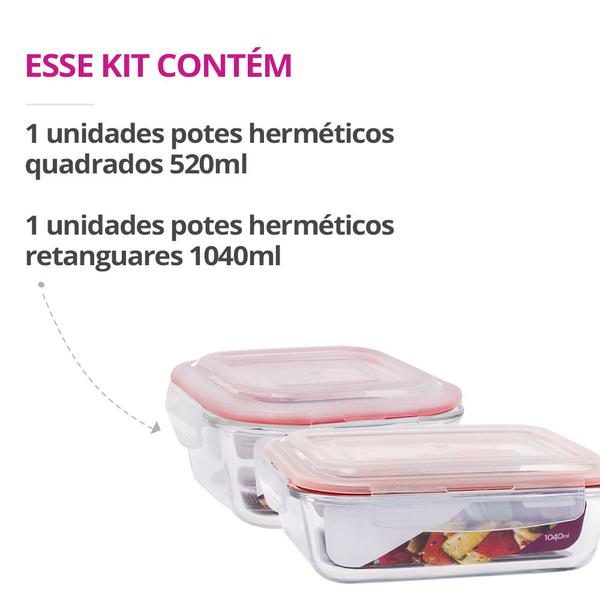 Imagem de Kit 2 Potes Herméticos Marmita Vidro Grande 1040ml e 520ml