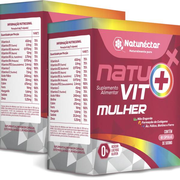 Imagem de Kit 2 Potes Natuvit Suplemento Alimentar Para Mulher/Natural Vitaminas e Mineitais Natural Natunectar 120 Cápsulas