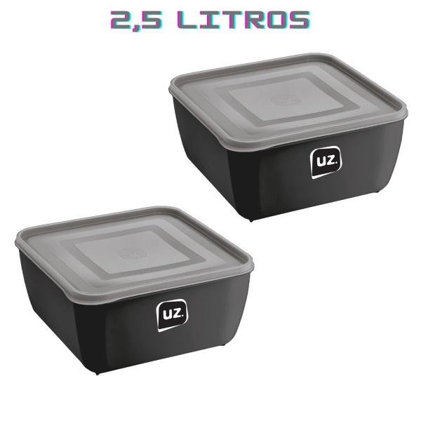 Imagem de Kit 2 Potes Quadrado Preto Alimentos Fit 2,5L Boa Vedação