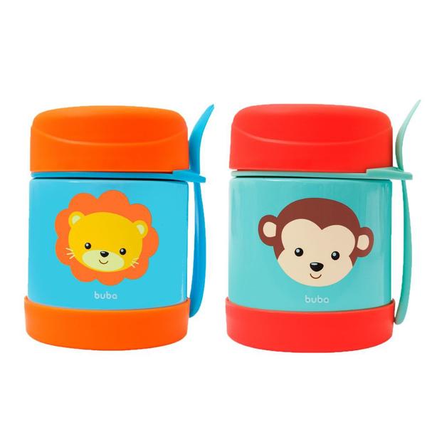 Kit 2 potes térmico alimentação comida do bebe infantil aço inoxidável com talher papinha animal fun - Buba Imagem de Kit 2 potes térmico alimentação comida do bebe infantil aço inoxidável com talher papinha animal fun