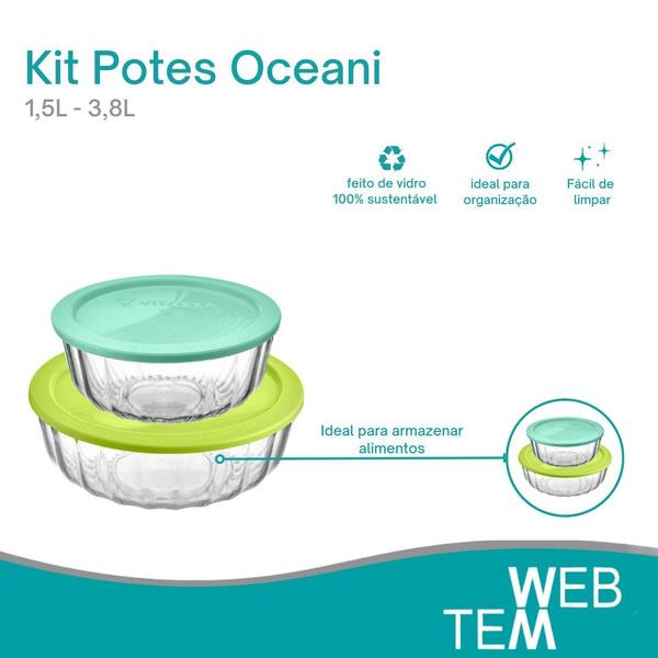 Imagem de Kit 2 Potes Tigela Saladeira de Vidro com Tampa Plástica Oceani 1,5L e 3,8L Vitazza Para Servir Mesa Posta e Organizar Cozinha Opção Sustentável