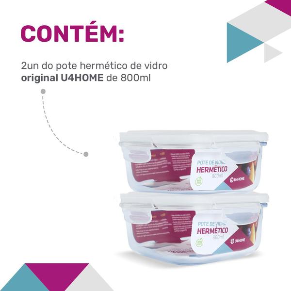 Imagem de Kit 2 Potes Vidro Hermético Trava Quadrado 800ml Marmita