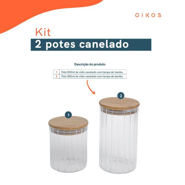 Imagem de Kit 2 potes vidro herméticos para mantimentos canelado com tampa de bambu - Oikos