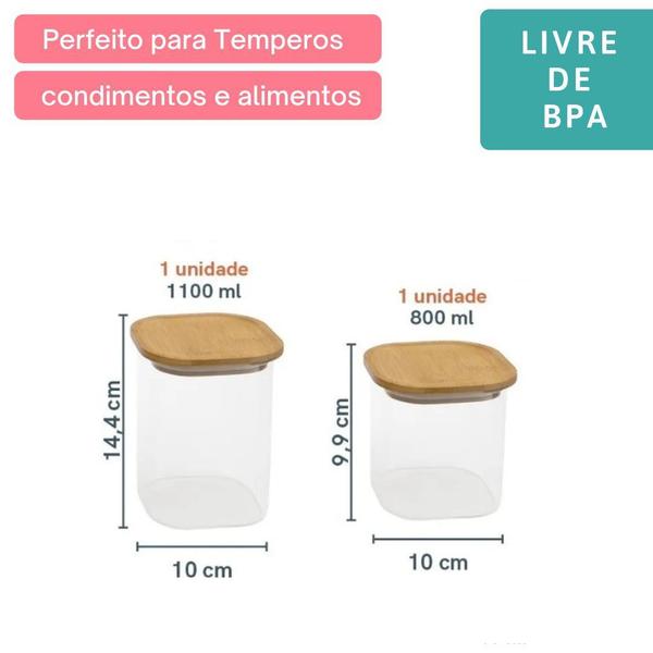 Imagem de kit 2 Potes Vidro Quadrado 800ml E 1100ml Tampa Bambu Oikos