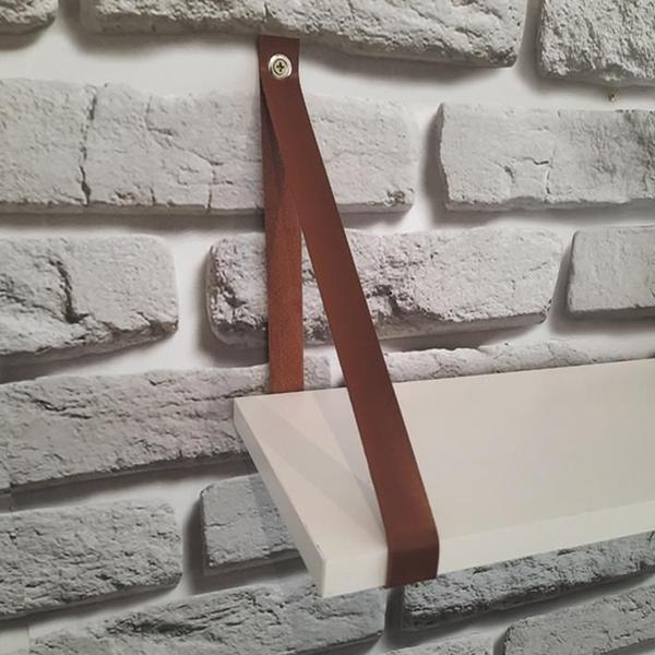 Imagem de Kit 2 Prateleiras 60Cm Branco Suporte Alça De Couro Caramelo