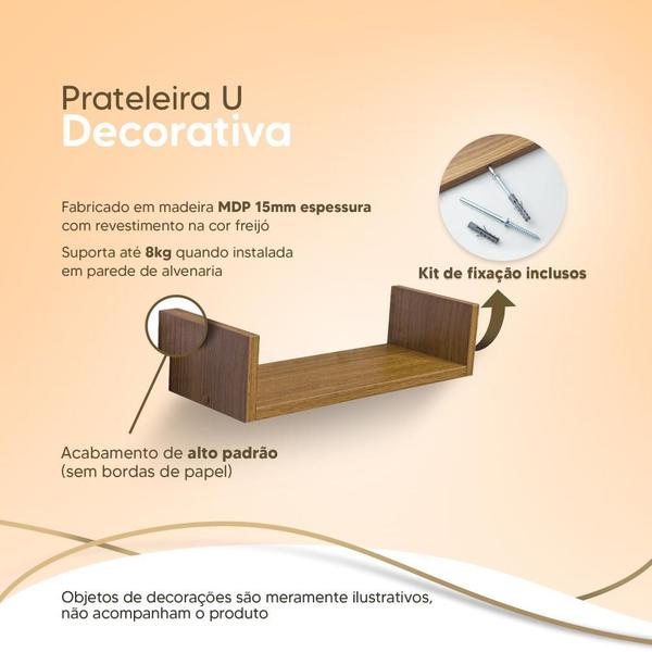 Kit 2 Prateleiras U 70 x 20cm Freijó Suporte Invisível - Mercado das Prateleiras Imagem de Kit 2 Prateleiras U 70 x 20cm Freijó Suporte Invisível