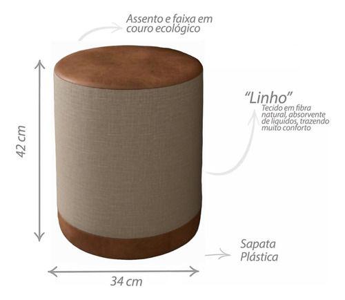 Imagem de Kit 2 Puff Banqueta Cilindro Linho Bege Couro Caramelo Luxo - MS