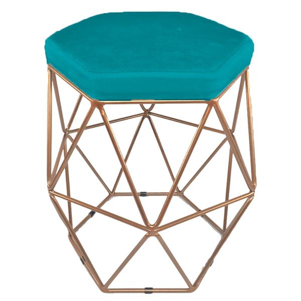 Imagem de Kit 2 puff decorativos para sala hexagonal aramado base bronze suede azul turquesa - clique e decore