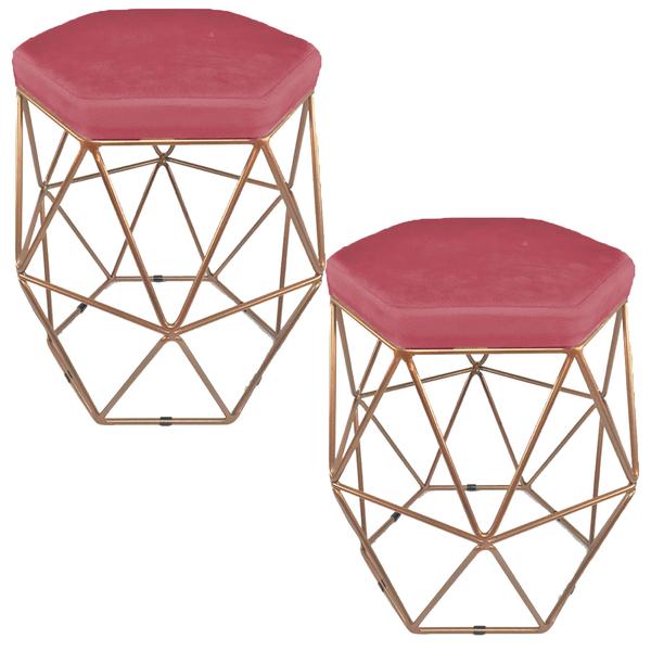 Imagem de Kit 2 puff decorativos para sala hexagonal aramado base bronze suede rosê - clique e decore