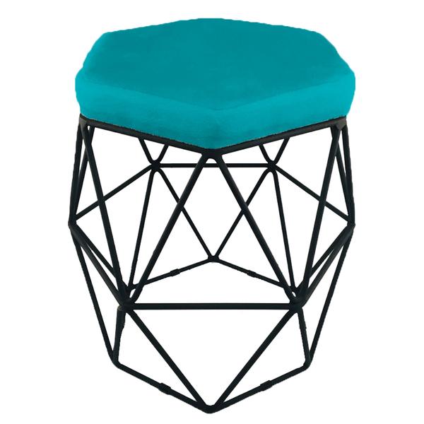 Imagem de Kit 2 puff decorativos para sala hexagonal aramado base preta suede azul turquesa - clique e decore