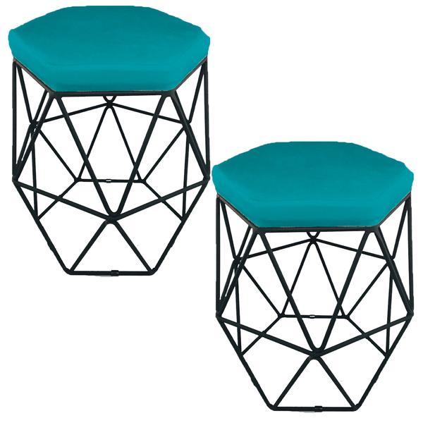 Imagem de Kit 2 puff decorativos para sala hexagonal aramado base preta suede azul turquesa - clique e decore