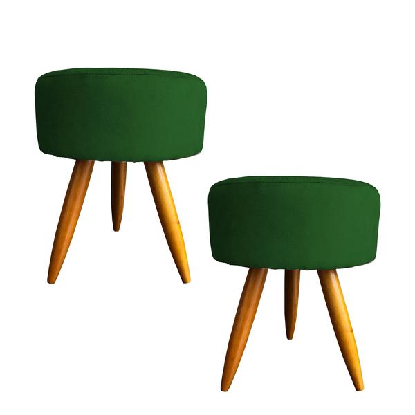 Imagem de Kit 2 puff decorativos para sala redondo suede verde pé castanho - clique e decore