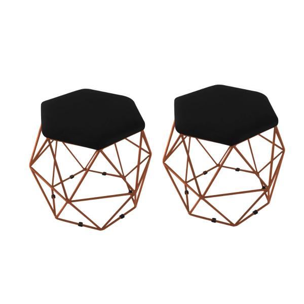 Imagem de Kit 2 Puff Onix Aramado Base Bronze Hexagonal Suede Preto