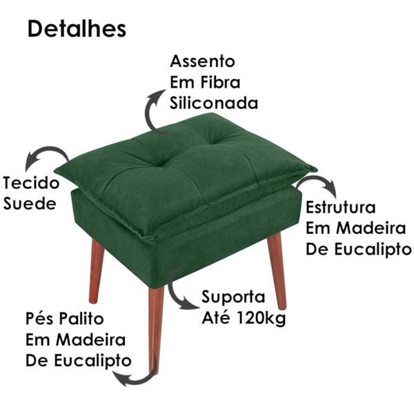 Imagem de Kit 2 Puff Puf Opall Pes Palito 55x40cm Suede Verde MPassos