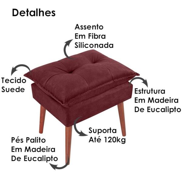 Imagem de Kit 2 Puff Puf Opall Pes Palito 55x40cm Suede Vermelho Escuro MPassos