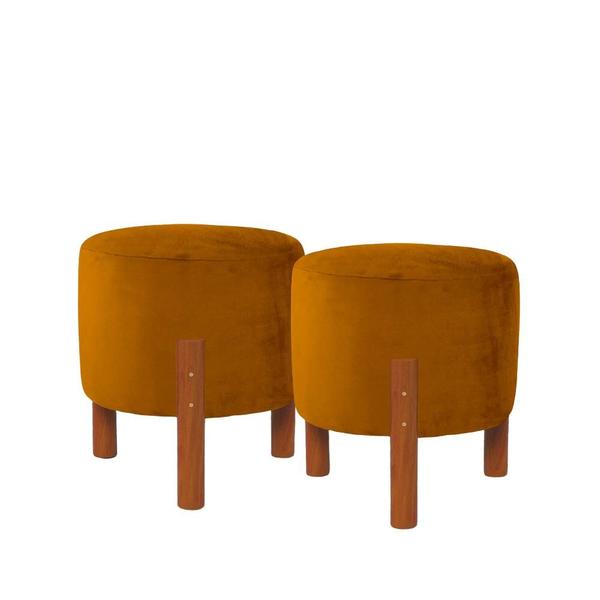 Imagem de Kit 2 Puff Redondo Decorativo Zeus com Pés em Madeira Maciça Suede Terracota