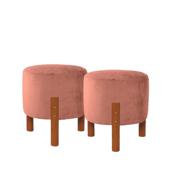 Imagem de Kit 2 Puff Redondo Luxo Decorativo New Zeus com Pés em Madeira Maciça Suede Rose